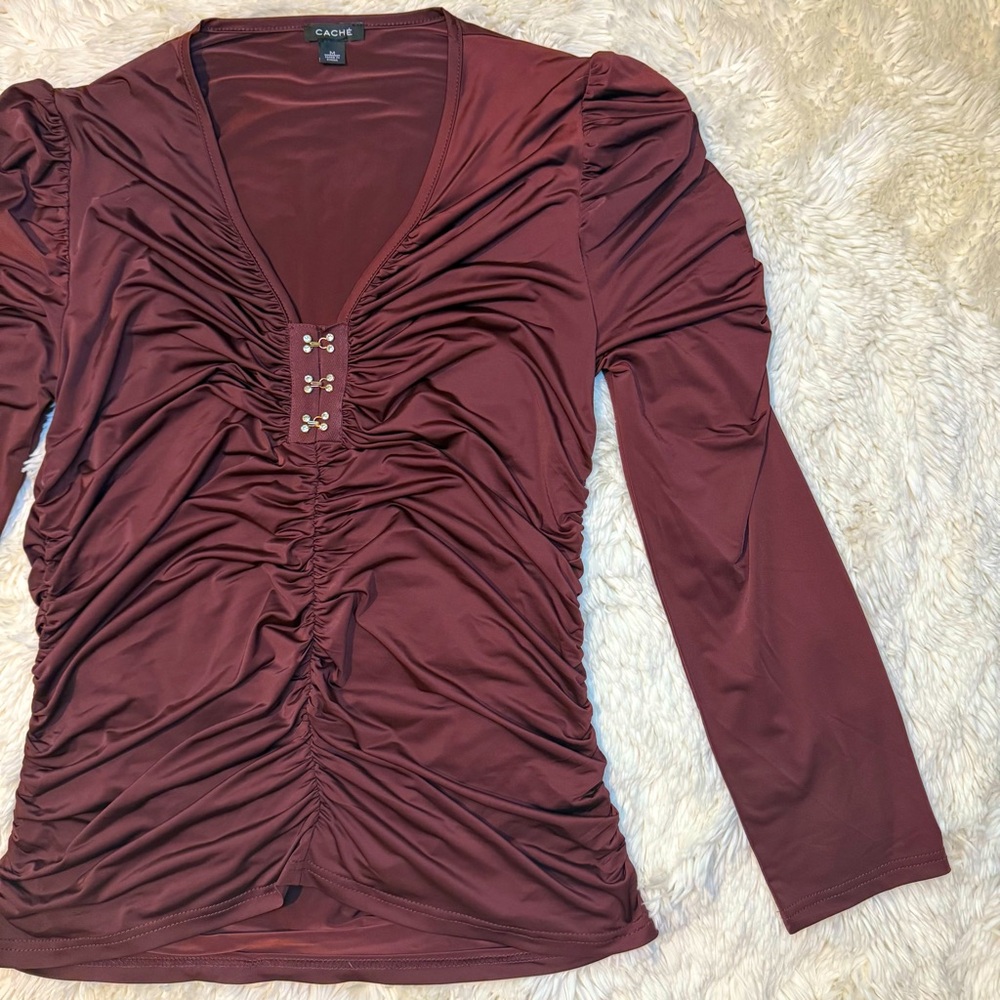 Cache Burgundy Ruched Long Sleeve Top